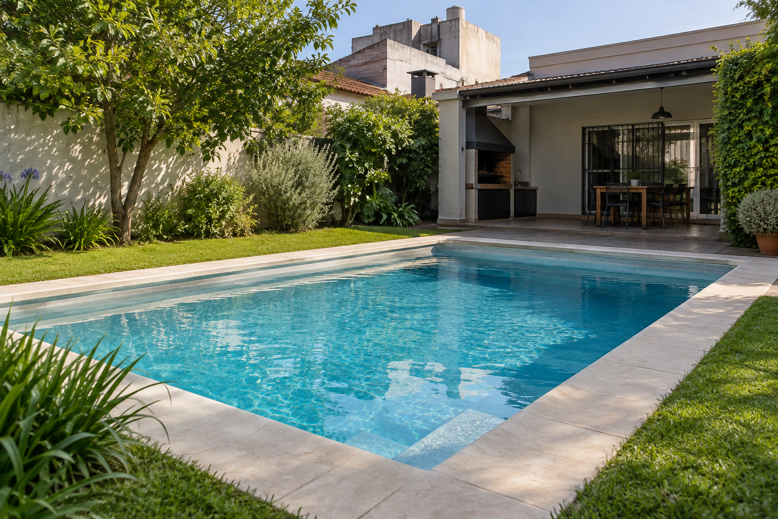 Piscina de hormigón terminada en un patio residencial de almirante-brown