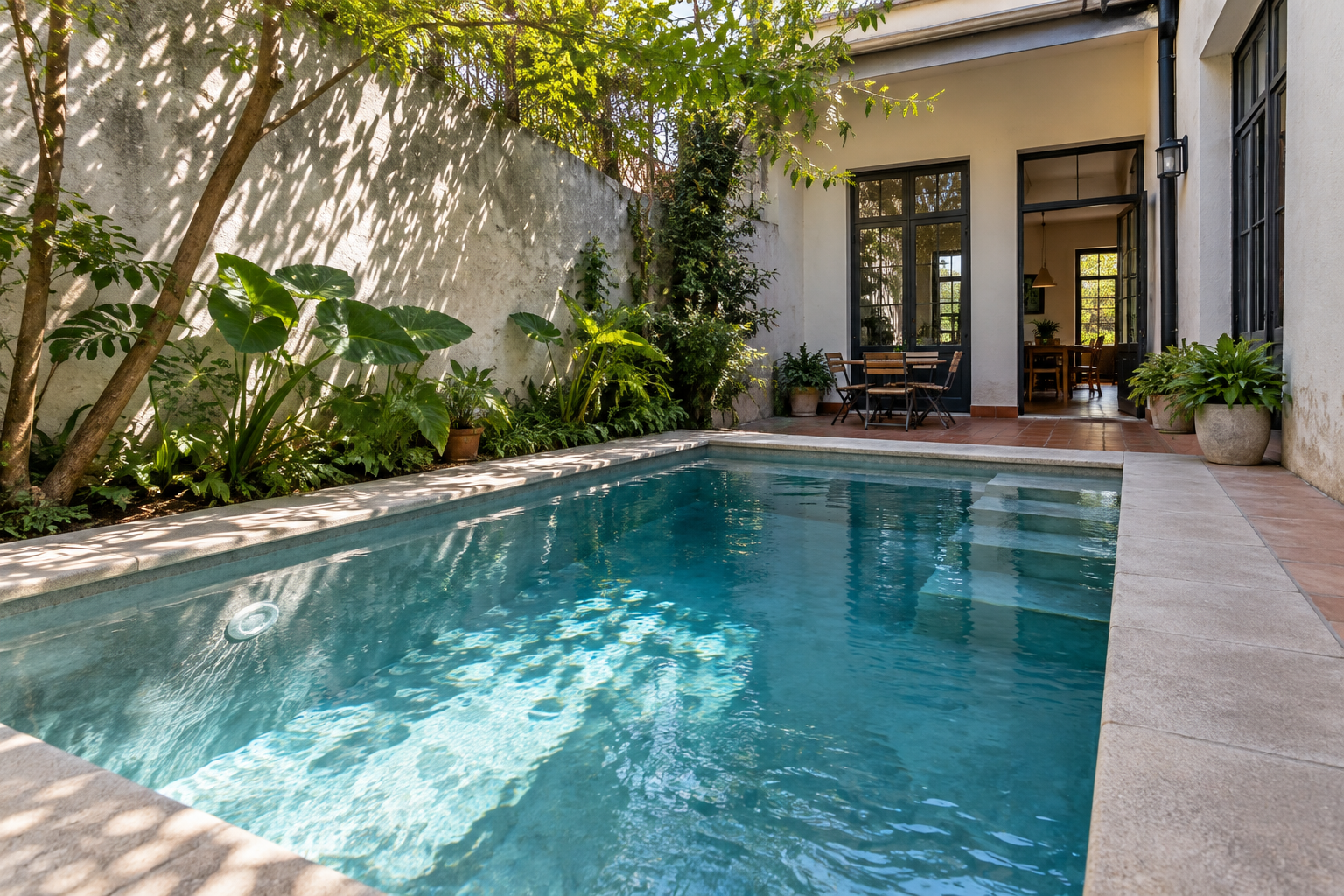 Piscina de hormigón terminada en un patio residencial de caba