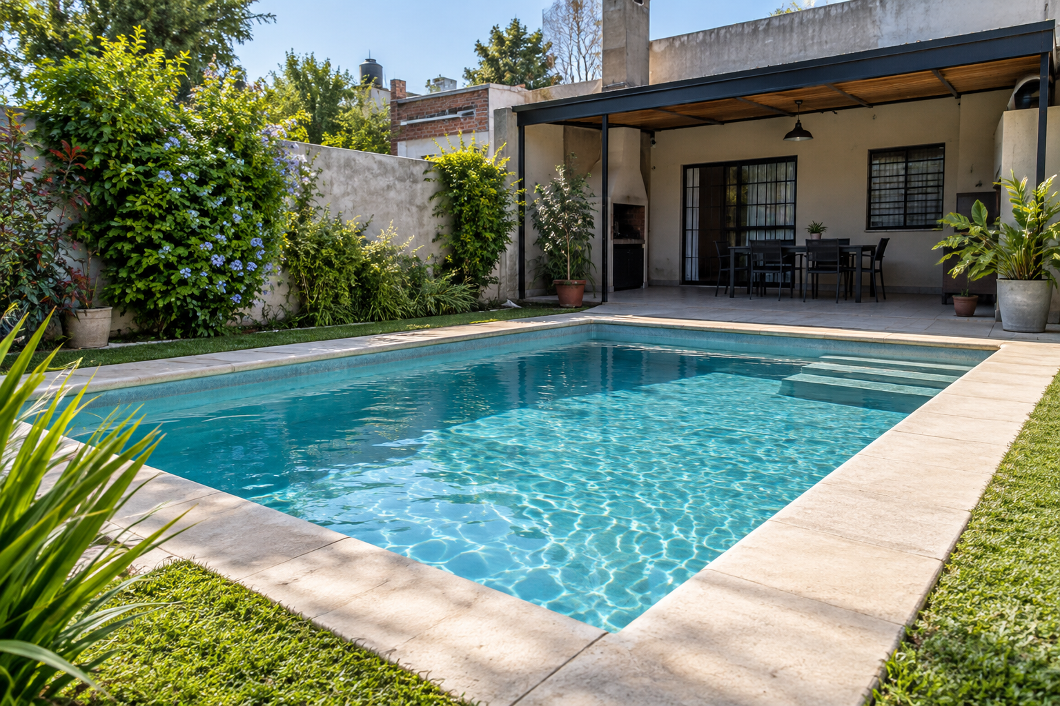 Piscina de hormigón terminada en un patio residencial de la-matanza