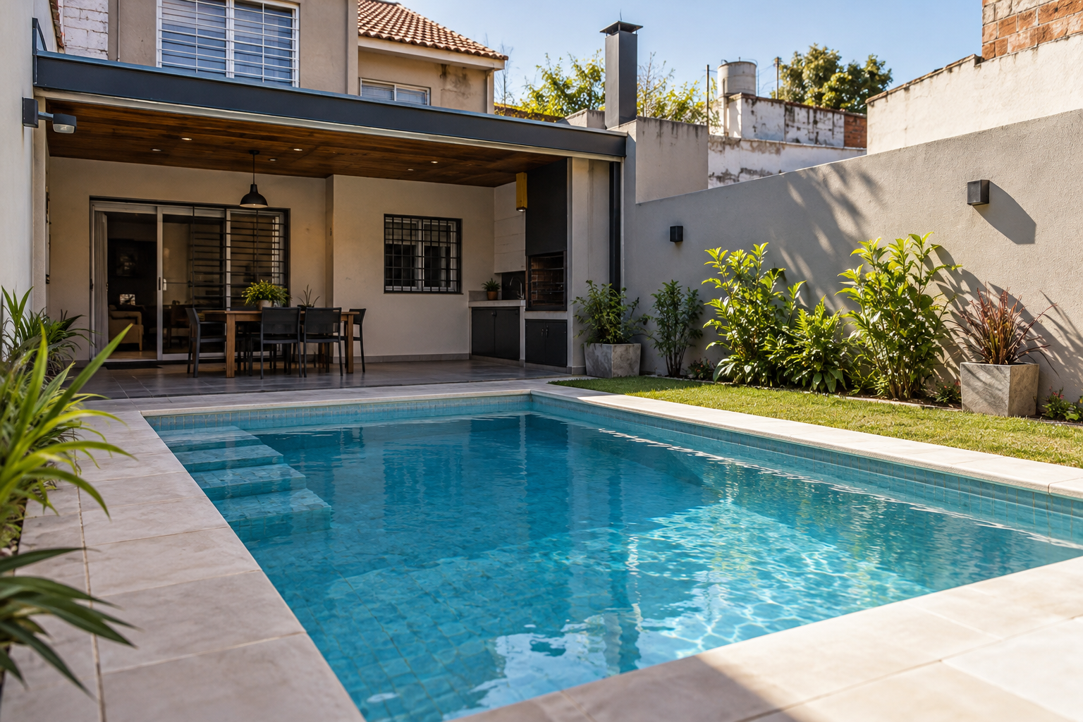 Piscina de hormigón terminada en un patio residencial de lanus