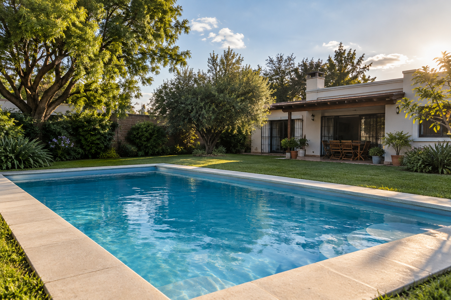 Piscina de hormigón terminada en un patio residencial de merlo