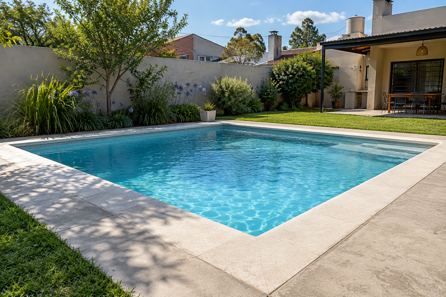 Piscina de hormigón terminada en un patio residencial de moreno