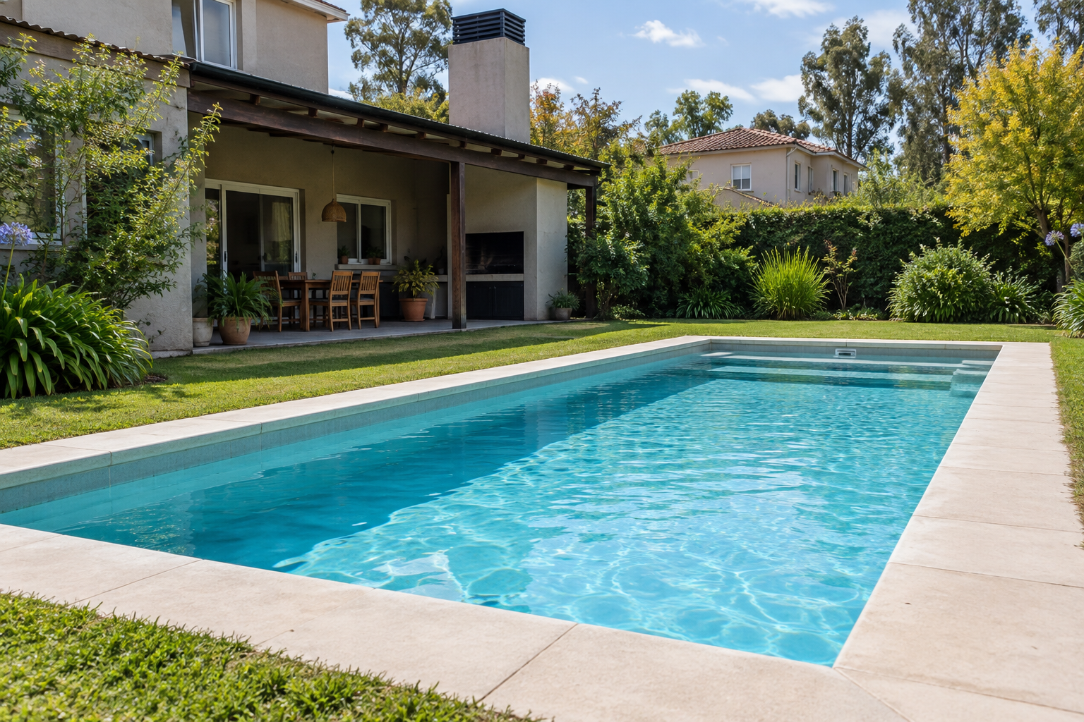 Piscina de hormigón terminada en un patio residencial de tigre
