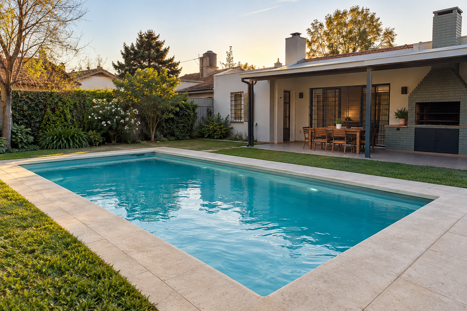 Piscina de hormigón terminada en un patio residencial de zona-sur
